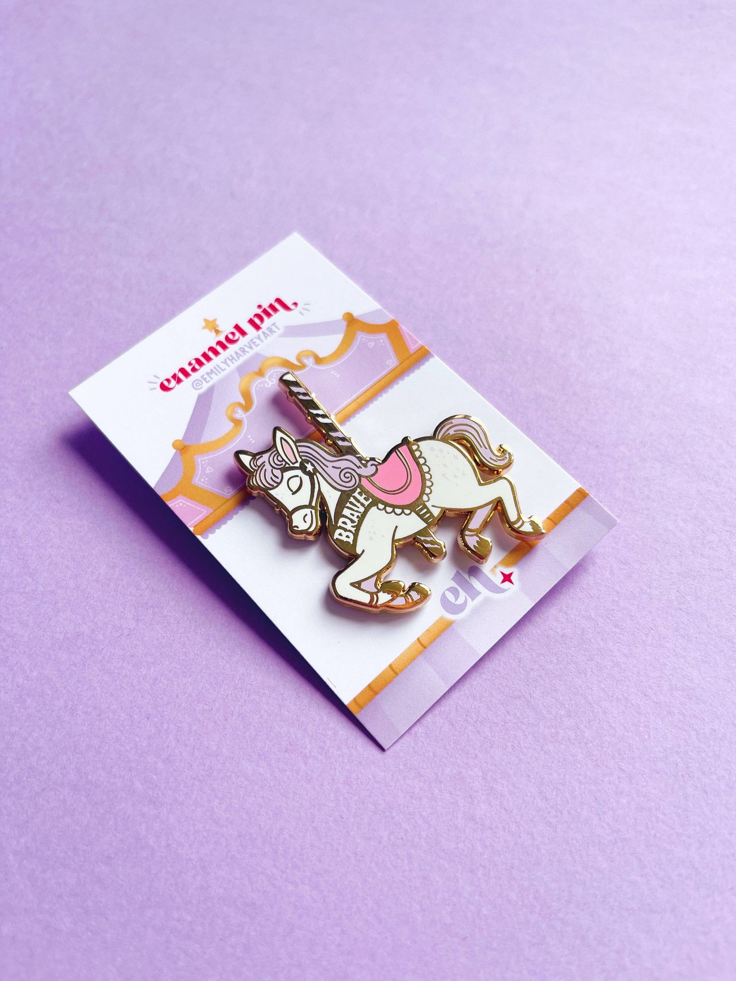 Brave Carousel Horse Gold Enamel Pin | Emily Harvey Art