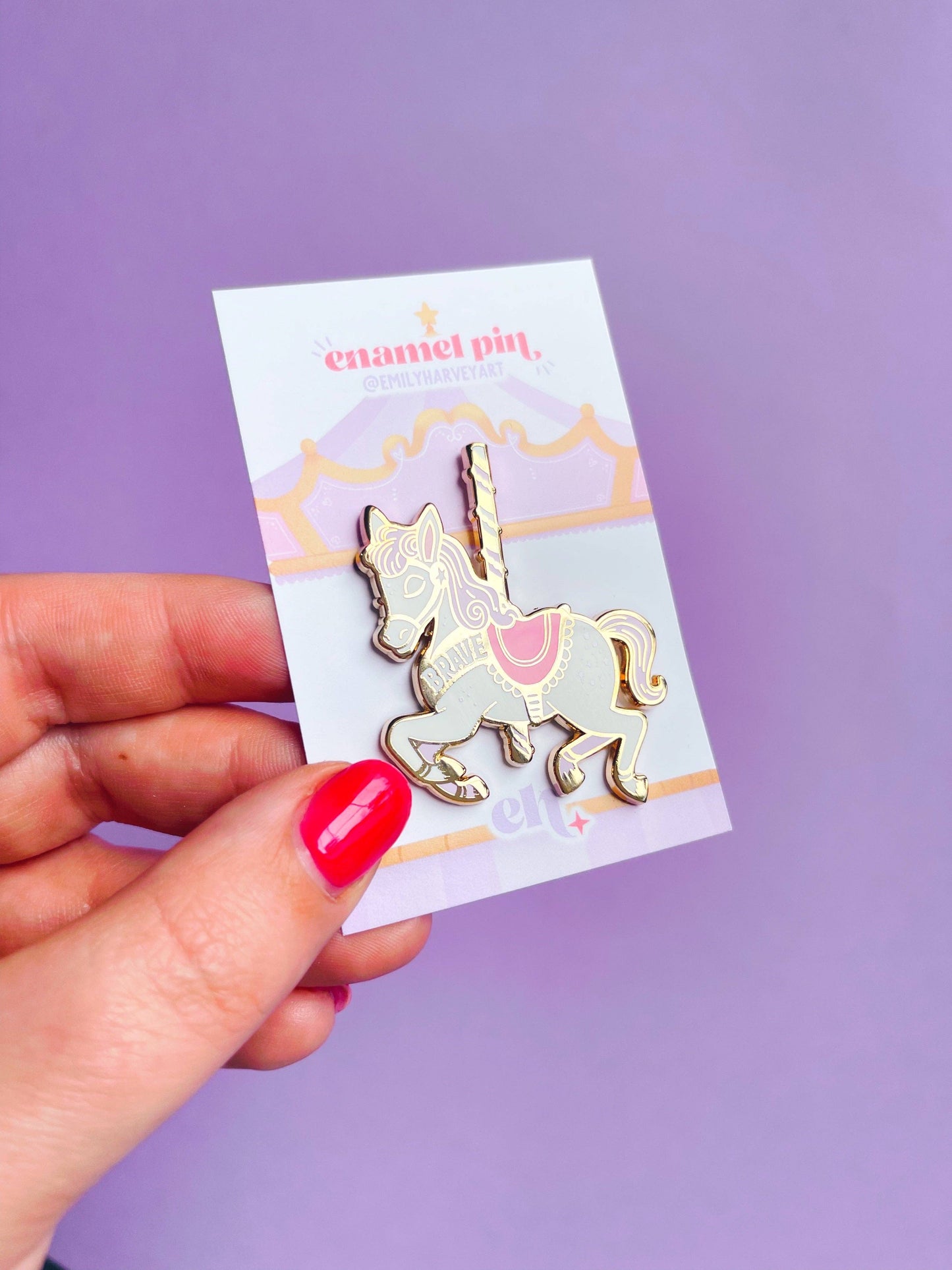 Brave Carousel Horse Gold Enamel Pin | Emily Harvey Art