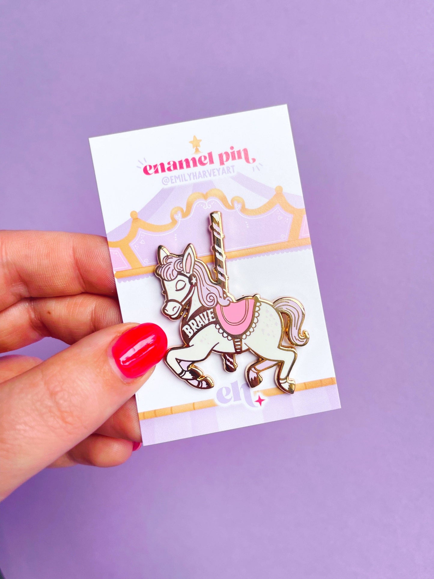 Brave Carousel Horse Gold Enamel Pin | Emily Harvey Art